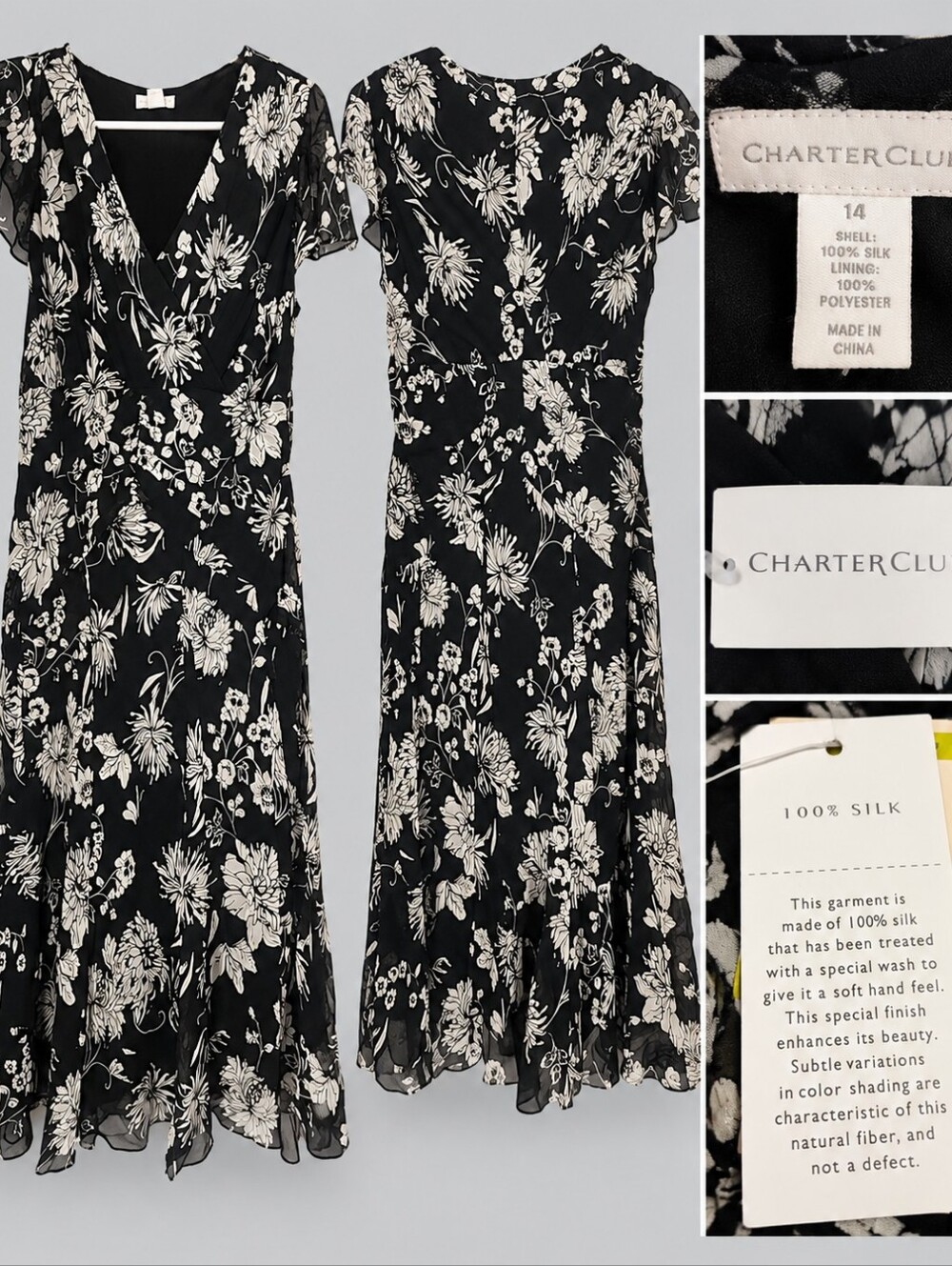 Charter Club Black & White Floral Silk Midi Wrap Dress